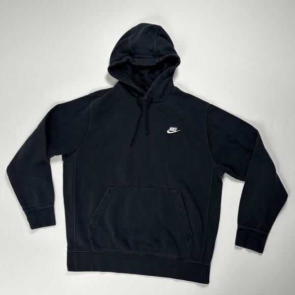 Nike Mens Hoodie Black Sz L Sweatshirt Swoosh Spellout Club Fleece Classic Basic - Picture 1 of 6